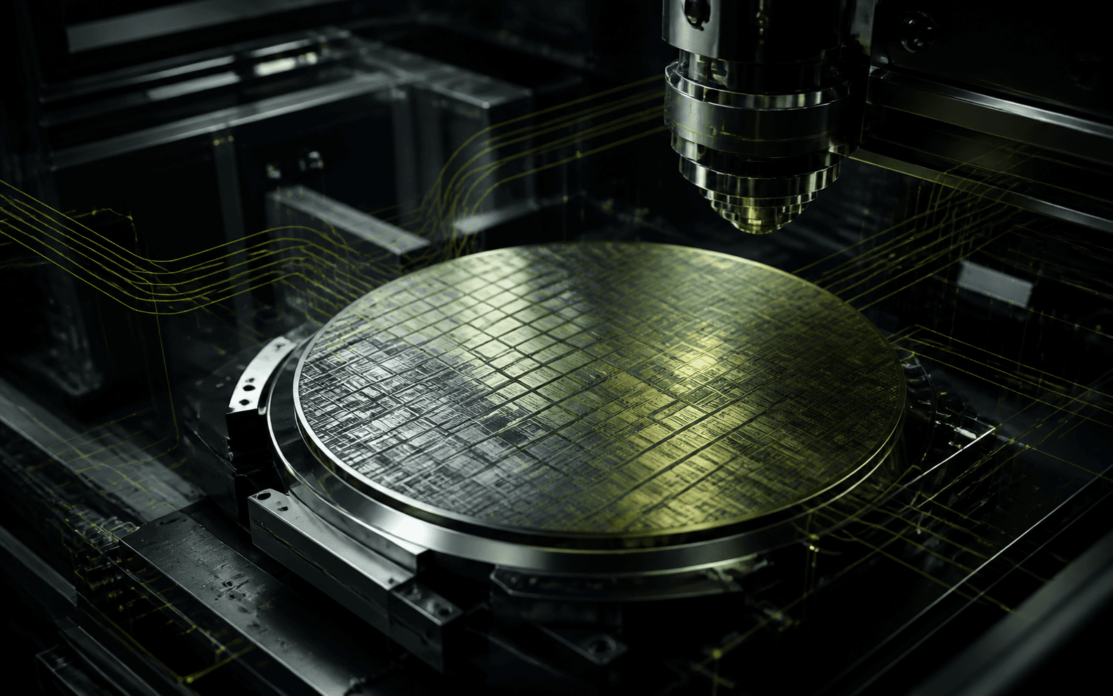 Grok Verge illustration of a semiconductor wafer inside precision manufacturing equipment