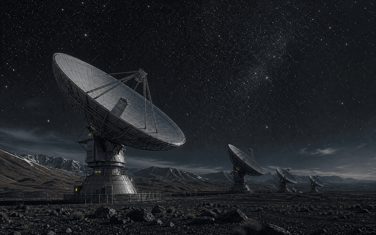 Grok Verge illustration of radio telescopes gathering evidence from the night sky